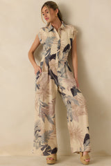 Take Me Somewhere Beige Multi Tropical Open Back Jumpsuit