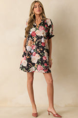 Over The Hillside Black Multi Floral Print Cotton Mini Dress