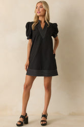 Took The Right Turn Black Cotton Puff Sleeve Mini Dress