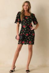 Rosebud Dreams Black Lace Embroidered Mini Dress