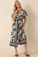 Riviera Evenings Black & Natural Botanical Print Midi Dress