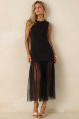 Dancing After Dark Black Swiss Dot Mesh Hem Midi Dress