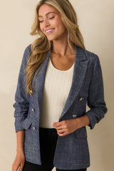 Confident Energy Dark Wash Chambray Ruched Sleeve Blazer
