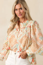 Moments That Linger Orange Patchwork Cotton Button Front Top