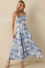 Santorini Sketch Blue Palm Print Tie Strap Maxi Dress