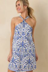 Catching Waves Blue Toile Tie-Back Halter Mini Dress