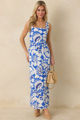 Along the Coast Blue & White Floral Pattern Linen Blend Sleeveless Maxi Dress
