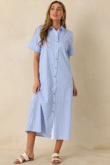 Pretty in Pinstripes Blue Cotton Stripe Button Front Maxi Shirt Dress