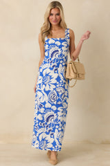 Along the Coast Blue & White Floral Pattern Linen Blend Sleeveless Maxi Dress