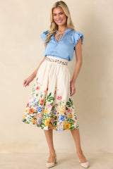 The Way It Unfolded Blue Ruffle & Lace Trim V-Neck Blouse