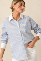 A Natural Leader Blue Stripe Cotton Oxford Button Up Top
