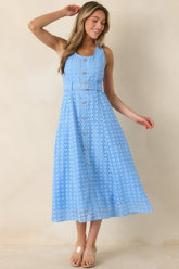 Garden Society Blue Cotton Eyelet Sleeveless Midi Dress