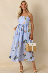 Promise in Bloom Blue Multi Floral Cotton Tie-Back Scalloped Midi Dress