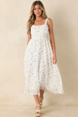 Forget Me Not Blue Floral Cotton Swiss Dot Prairie Midi Dress