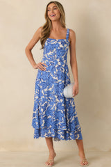 The Sweetest Season Blue Floral Tiered Open Back Midi Dress
