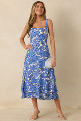 The Sweetest Season Blue Floral Tiered Open Back Midi Dress