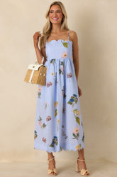 Promise in Bloom Blue Multi Floral Cotton Tie-Back Scalloped Midi Dress