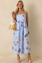 Promise in Bloom Blue Multi Floral Cotton Tie-Back Scalloped Midi Dress