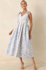 Tie It Up Pretty Blue Floral Bow Strap Midi Dress