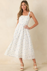 Forget Me Not Blue Floral Cotton Swiss Dot Prairie Midi Dress