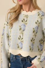 Petal Promises Blue Floral Knit Scallop Edge Sweater
