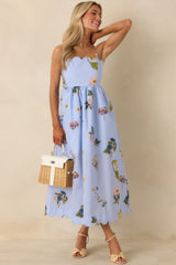 Promise in Bloom Blue Multi Floral Cotton Tie-Back Scalloped Midi Dress