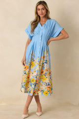 What Comes Next Blue Multi Cotton Floral Midi Dress