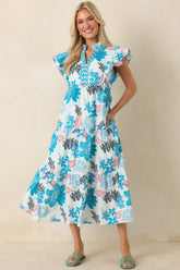 Artful Ease Teal Multi Embroidered Cotton Tiered Midi Dress