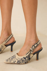 Written In Memories Vintage Navy Blue Multi Embroidered Fabric Slingback Heels