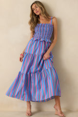 Sunny Side Up Blue Multi Stripe Cotton Smocked Tiered Maxi Dress