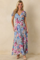Fate Finds a Way Blue Multi Floral V-Neck Flutter Sleeve Maxi Dress