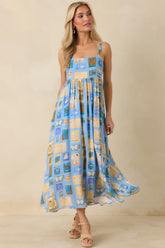 From Far & Away Blue Multi Vintage Stamp Print Midi Dress