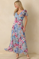 Fate Finds a Way Blue Multi Floral V-Neck Flutter Sleeve Maxi Dress