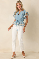 Soft Serenity Blue Flutter Sleeve Peplum Top