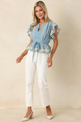 Soft Serenity Blue Flutter Sleeve Peplum Top
