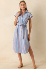 Prosperina Jules Blue & Red Stripe Cotton Midi Shirt Dress