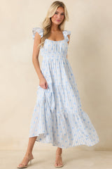Meadow Mornings Blue Stripe Floral Embroidered Cotton Maxi Dress