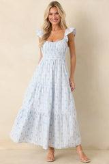 Meadow Mornings Blue Stripe Floral Embroidered Cotton Maxi Dress