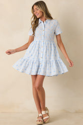 Market Days Blue Stripe Floral Embroidered Cotton Mini Dress