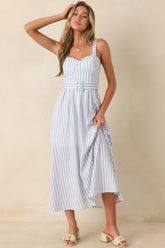 Already Thinking About It Blue Stripe Belted Bustier Midi Dress