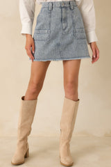 Off the Beaten Path Distressed Blue Stripe Cotton Denim Mini Skirt