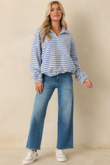 In the Clear Blue Stripe Bouclé Quarter-Zip Pullover