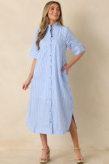 In Perfect Order Blue Stripe Button Front Ruffle Collar Midi Shirt Dress