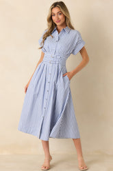 What's to Come Blue Stripe Belted Button Front Midi Dress