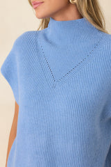 Cool Intentions Blue Ribbed Knit Mockneck Cap Sleeve Sweater