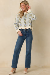Petal Promises Blue Floral Knit Scallop Edge Sweater