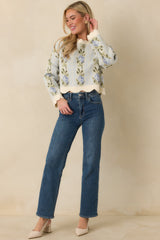 Petal Promises Blue Floral Knit Scallop Edge Sweater