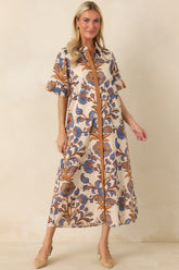 Collected Along the Way Tan & Blue Floral Midi Shirt Dress