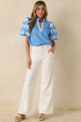 True to You Blue Embroidered Detail Puff Sleeve V-Neck Top