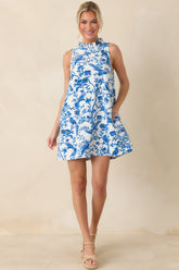 Garden Song Blue & White Bird Print Sleeveless Mock Neck Mini Dress